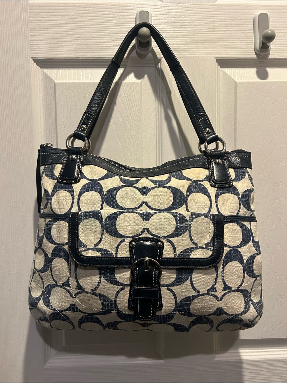 Coach Navy and Cream Signature Shoulder Tote with Front Buckle Pocket